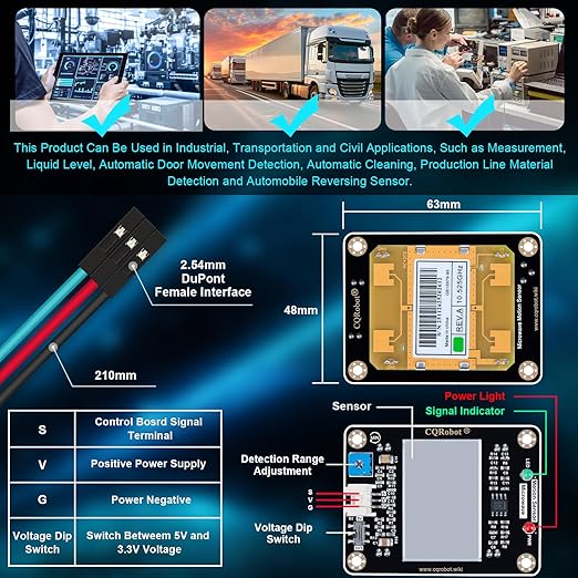 CQRobot 10.525GHz Doppler Effect Microwave Motion Sensor Compatible with Raspberry Pi and Arduino Motherboard. for Industrial, Measurement, Automatic Doors, Smart Lights, Reversing Radar, etc.