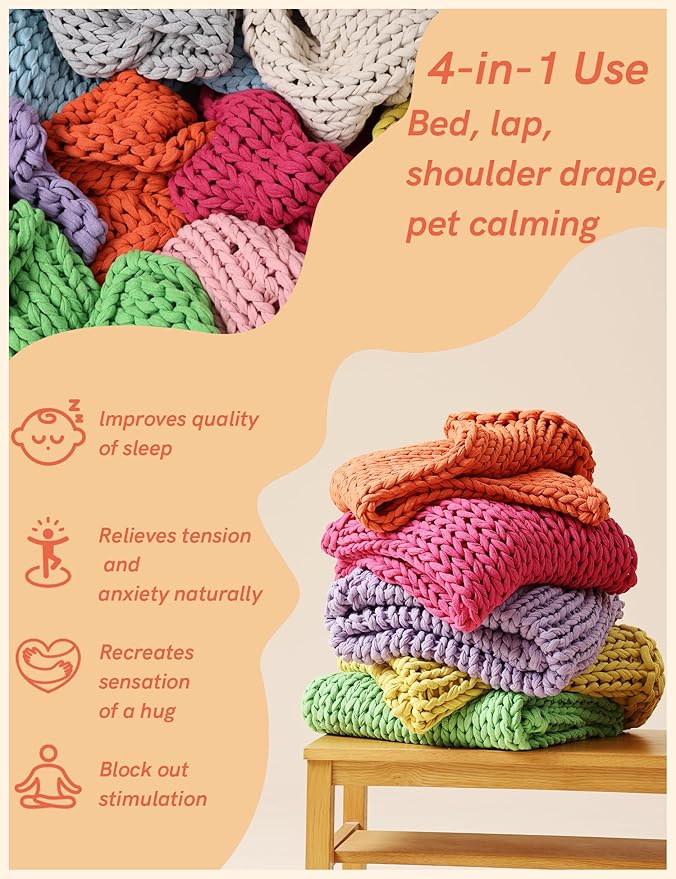 YnM Cooling Weighted Blanket, 100% Cotton Handmade Chunky Knitted Blanket, Weighted Lap, Breathable Heavy Blankets, Machine Washable Throw for Sleep or Home Decor (Purple, 50x60 Inch, 10lbs)