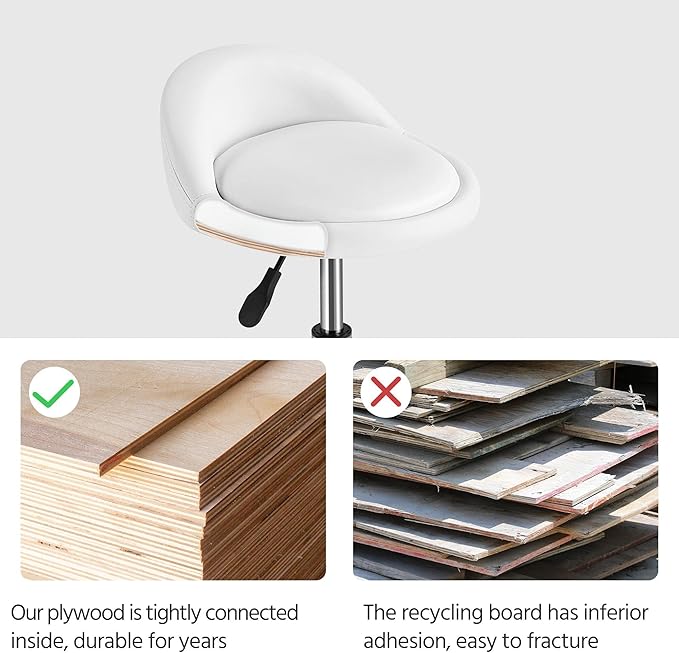 Yaheetech Rolling Stool Adjustable Swivel Stools Chair with Wheels & Back Support Round Tattoo PU Leather Salon Stools for Massage Spa, White