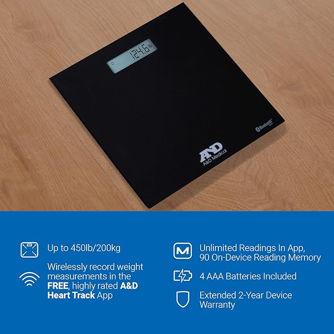 A&D Medical Digital Body Weight Scale - UC-352BLE - Bluetooth Bathroom Weight Machine, Syncs with A&D Heart Track App - 450lb (200kg) - Batteries Included, Black
