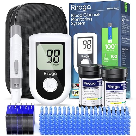 Riroga Blood Glucose Monitor Kit with 100 Glucometer Strips, 100 Lancets, 1 Blood Sugar Monitor,Blood Sugar Test Kit for Home Use,Travel Case for Blood Glucose Monitor Kit,Lancing Device, No Coding