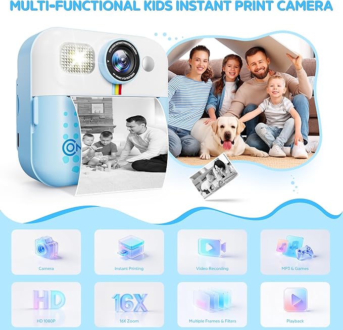 Contixo KC4 Kids Camera Instant Print, Blue 2.4” Screen Children Digital Printing Cameras with 1080P Video, 16X Zoom, 32GB Storage, Toddler Portable Travel Toys for Age 3 Years Up Girls Boys
