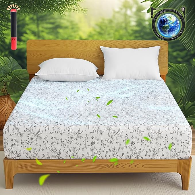 Ivellow Floral Grounding Sheets King 10% Pure Silver Fiber 90% Organic Cotton Fitted Sheet King Size 16” Deep Pocket Soft Earth Connected Bedding Patterned Fitted Bed Sheet with Grounding Cord