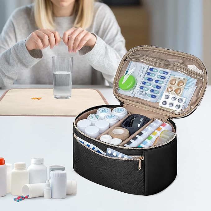 Fasrom Pill Bottle Organizer, Medicine Bag with Waterproof Mat & Adjustable Divider, Travel Carrying Case for Pills, Vitamins, Medical Supplies, First Aid Bag for Home Storage, Travel, Black