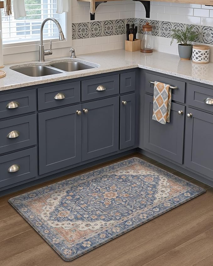 LUMI Anti Fatigue Kitchen Mat, Waterproof & Stain-Resistant Cushioned Standing Mat, Non-Slip Comfort Rug for Kitchen, Sink, Laundry, Home Office, 17" x 30", Indigo