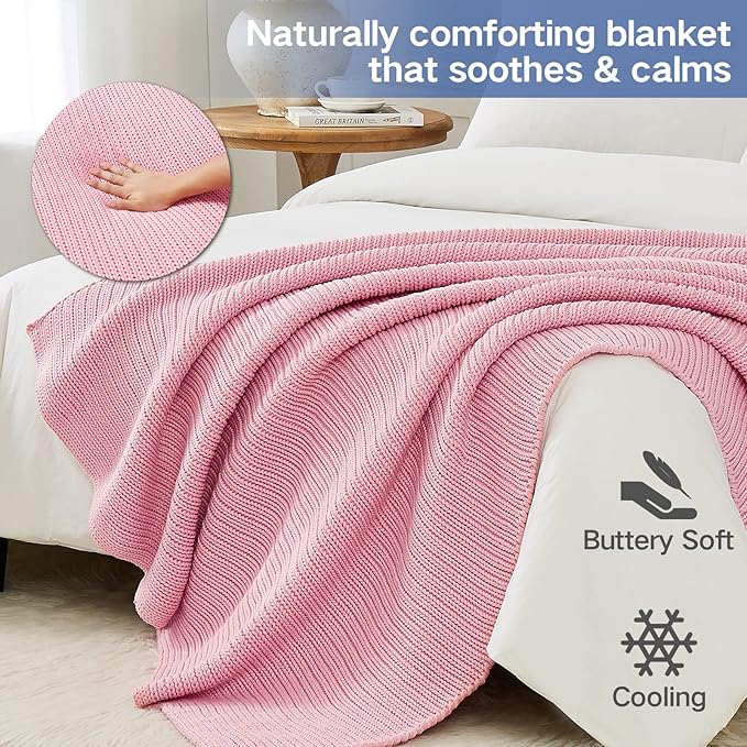 Guohaoi Knitted Weighted Blanket Kids (Pink 50"x60" 7lbs) No Beads Cooling Heavy Blanket, Home Decor Breathable Chunky Knit Throw Blanket for All-Season Use