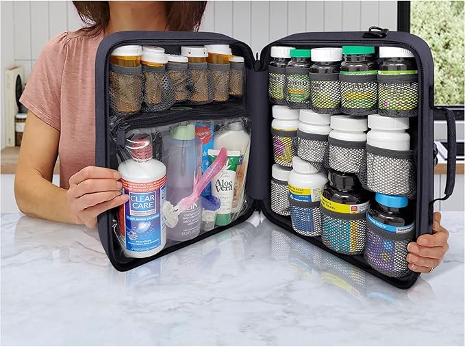 Extra-Large Pill Bottle Organizer, Medicine Bag, Carrier for Medications, Vitamins, and Medical Supplies - Modular Travel Medicine Organizer and Home Storage Med Bag - Dark Gray (with Lock)
