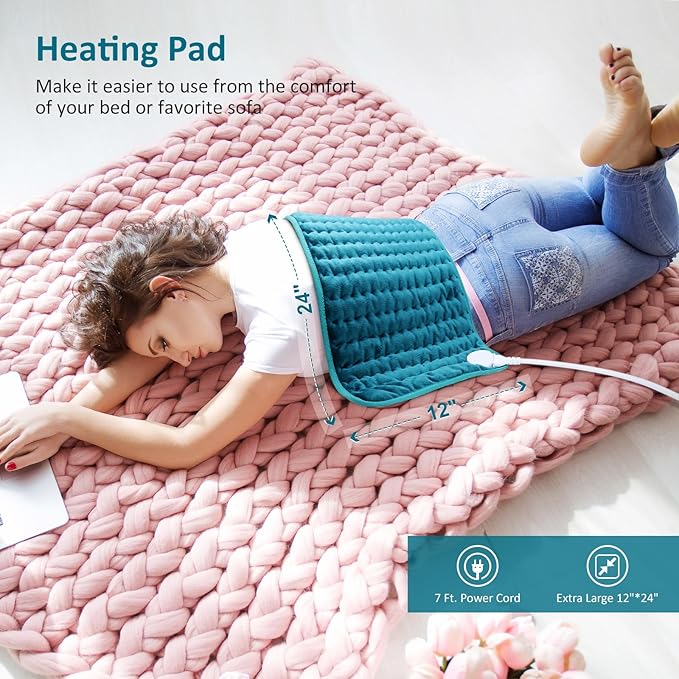 Heating pad for Back/Shoulder/Neck/Abdomen, Electric Heating Pads with 6 Fast Heating Settings, Auto-Off, Soft Machine Wash Fabric, Birthday Gifts for Women Mom, Extra Large 12"x24", Blue