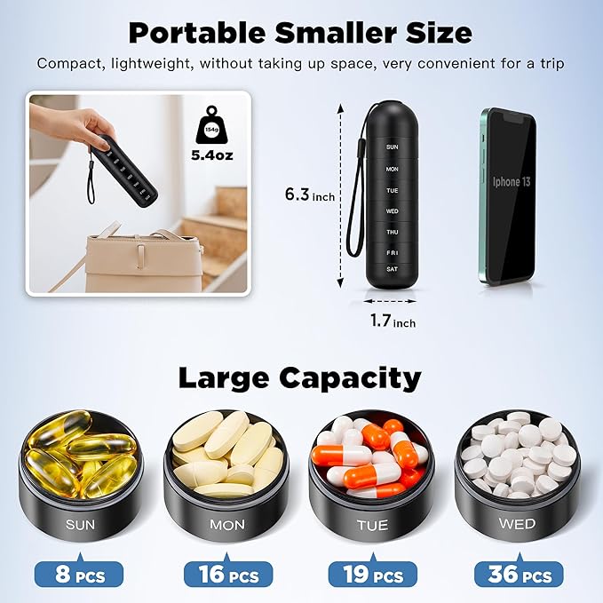[2 Pack] Zannaki Metal Travel Pill Organizer, Portable Waterproof Weekly Pill Box, Large Aluminum Alloy Pill Case Container, BPA Free 7 Day Daily Medicine Organizer Holder for Vitamin, Supplement
