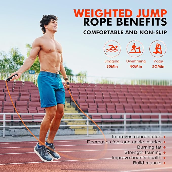 Jump Rope, Weighted Jump Rope for Men Women, Adjustable 1lb Heavy Skipping Ropes, Suitable for Boxing, Cardio, Home Fitness, Training Muscle, Home Gym Workout Equipment for Full Body Exercise