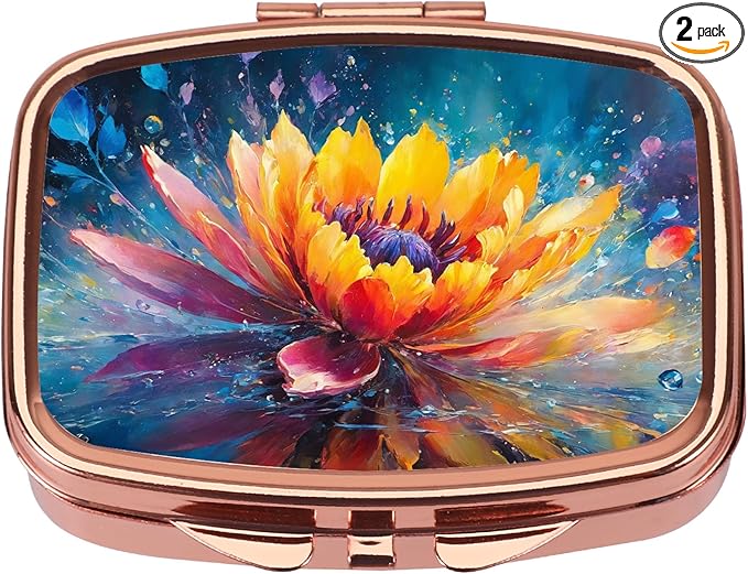 Dynippy Pill Case Pill Box with Mirror Retro Pocket 2 Compartment Medicine Case Vitamin Pill Organizer for Pocket Purse and Travel (Rose Gold - Colorful Flower)