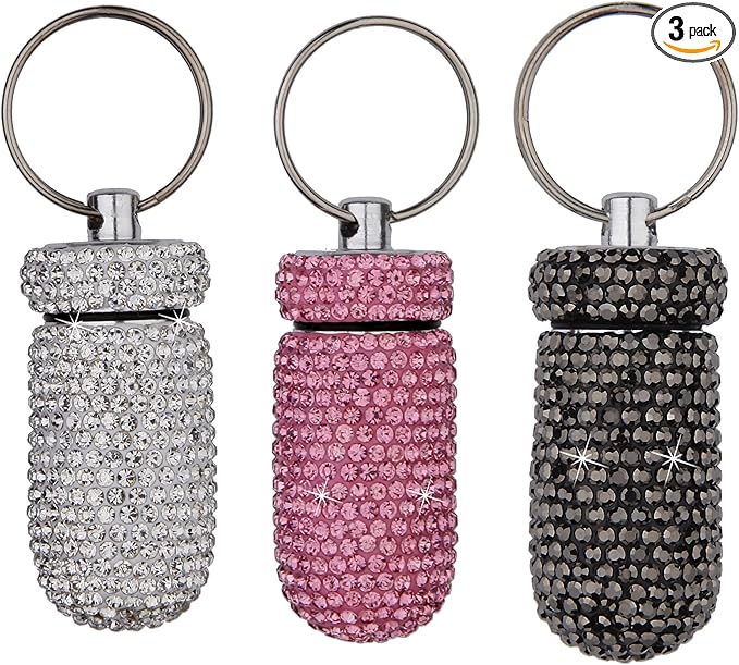 3PCS Bling Crystal Rhinestone Portable Pill Case Pill Container Waterproof Pill Holder with Keychain Glitter Travel Pill Box Small Medicine Dispenser Bottle Storage for Outdoor Camping Travel,3