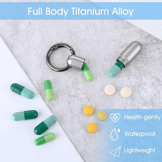 Small Pill Case Keychain Tiny Portable Carabiner Clip Pill Holder Bottle Micro Waterproof Metal Pill Container Mini Emergency Medicine Organizer for Outdoor Camping Travel Purse