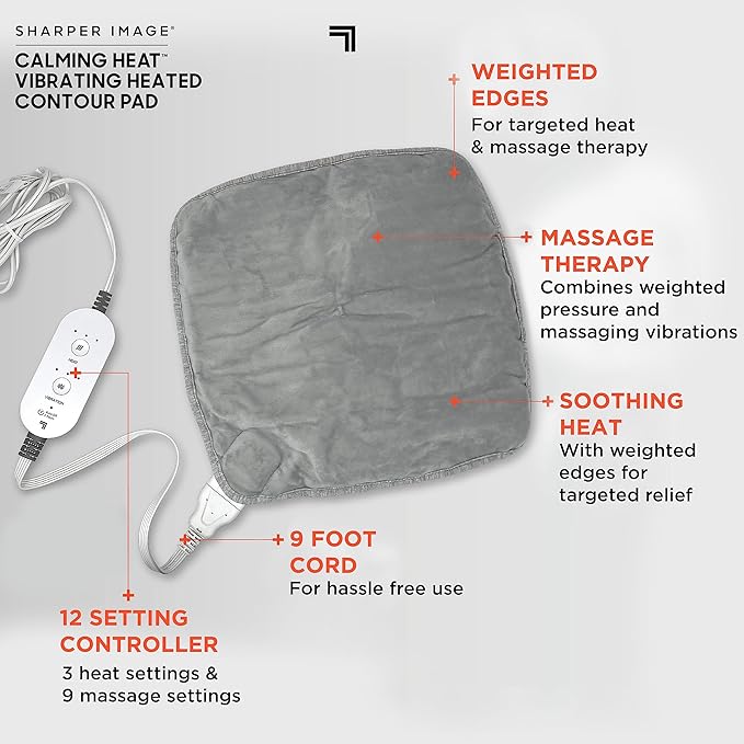 Calming Heat Vibrating Heating Contour Pad by Sharper Image- Weighted Electric Heating Pad with Massaging Vibrations, 12 Settings- 3 Heat, 9 Massage- 27 Relaxing Combinations, 14.5” x 14.5”, 4 lbs