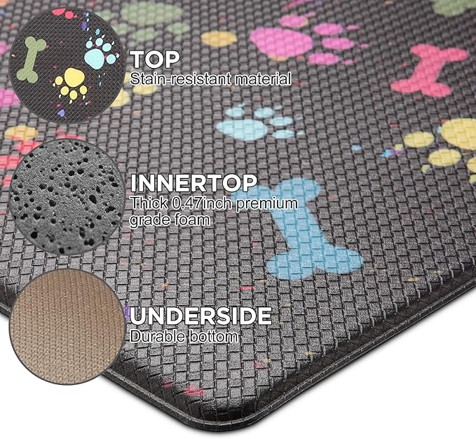 Farmhouse Kitchen Mats Cushioned Anti Fatigue Mats for Kitchen Floor Waterproof Kitchen Mats and Rugs Comfort Standing Mat for Kitchen, Laundry Room, Colorful Dog Paw and Bone(Black/Multicolor)