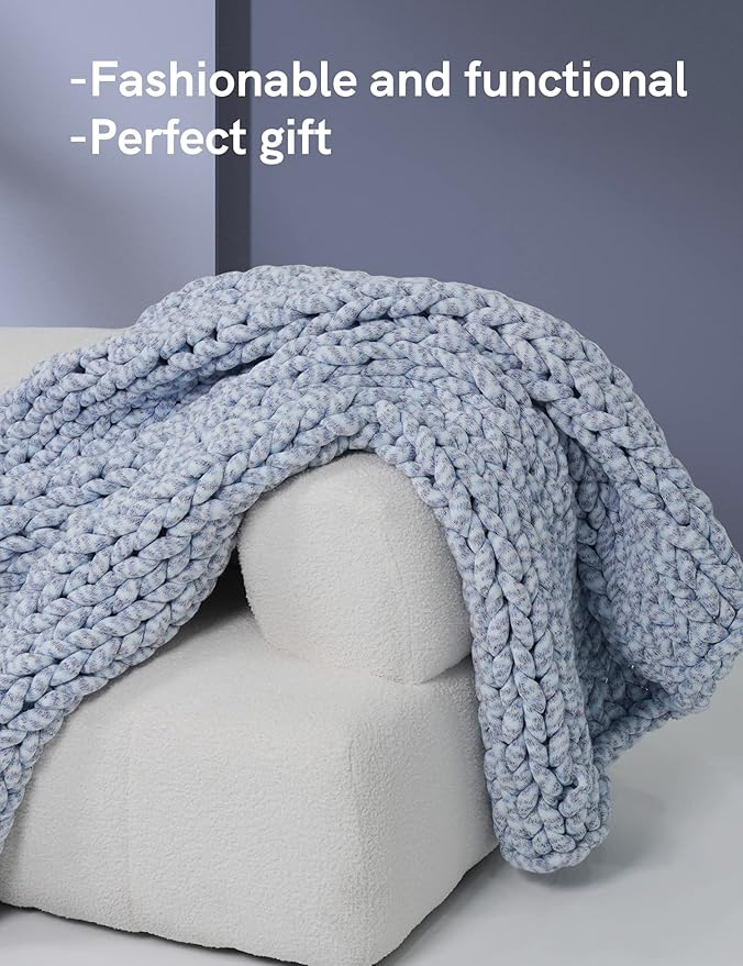 YnM Weighted Blanket, Handmade Chunky Knitted Design, Soft and Cozy, Temperature Regulating and Breathable, Machine Washable Throw for Sleep or Home Decor (Blue Fancy Yarn, 80x87 Inch, 25lbs)