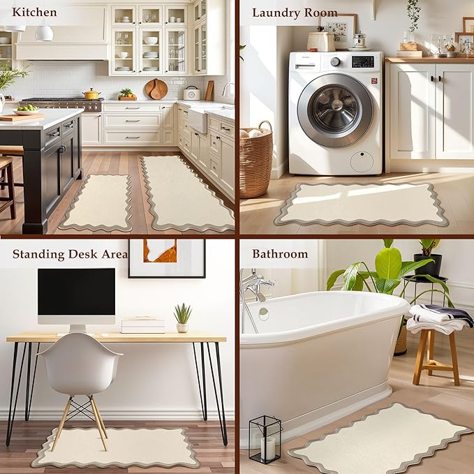 Scalloped Kitchen Mats Rugs Sets of 2 Cushioned Anti Fatigue Floor Mat Waterproof Kitchen Rugs Non Slip Foam Comfort Standing Mat for Sink Laundry, Khaki
