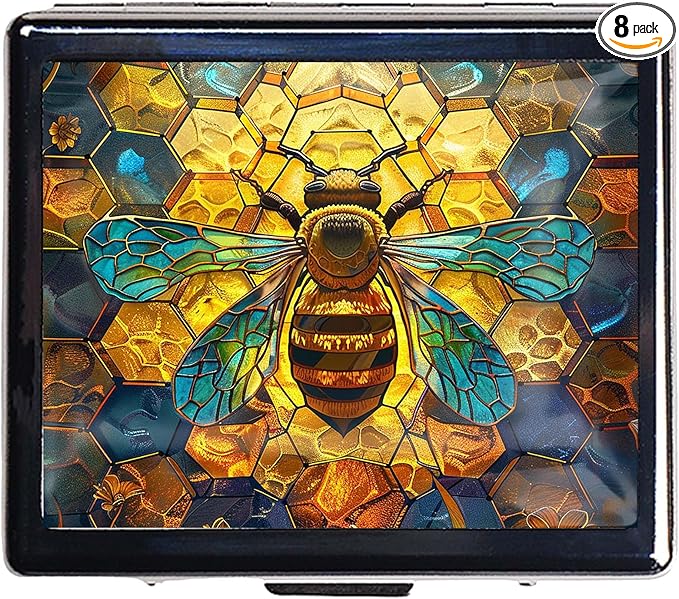 Silver Vintage Pill Box 7 Day Metal Pill Box with Mirror and 8 Compartments Cute Travel Pill Organizer for Purse,Compact Portable Pill Organizer (Bees)