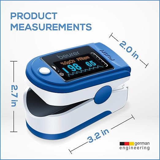 Beurer PO50 Fingertip Pulse Oximeter, Blood Oxygen Saturation & Heart Rate Monitor, 4 Colored Graphic Display Formats, Extra-Small & Light, Strap & Batteries Included