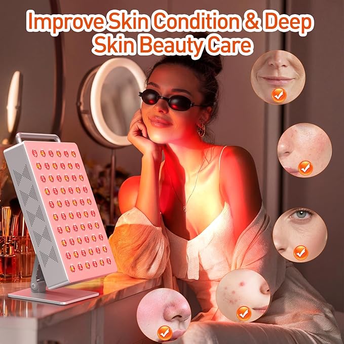 Red Light Therapy Panel 5 Wavement 60 Dual Chip LEDs 630+660+810+830+850nm Red and Near Infrared Lamp Therapy Device 100W with Timer & Stand for Body Pain Relief Face Skin Health Sleep White