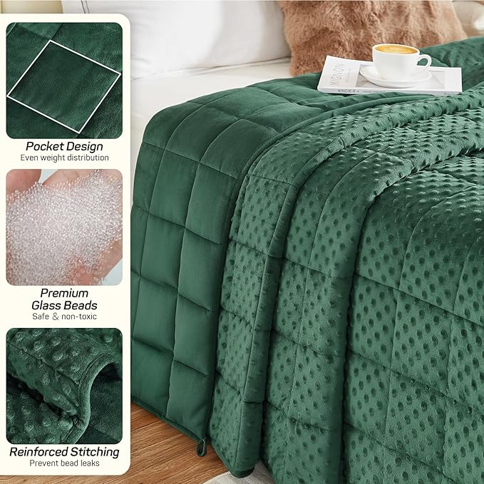 Weighted Blanket 15lbs for Adults, Ultra Soft Minky Dot Heavy Blankets for Sleep, Breathable Washable Throw Blanket with Glass Beads, 48"x72" Twin Size, Dark Green