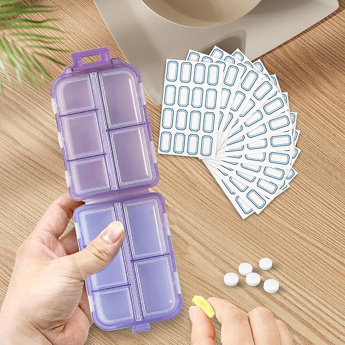 INVODA 12PCS 10-Compartment Pill Organizer BPA-Free Travel Pill Case with Daily Labels Portable Medicine Box for Vitamins, Supplements & Jewelry