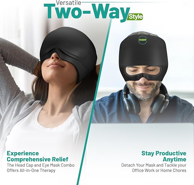 Headache Relief Cap - 2 in 1 Soothing Migraine Relief Cap with Detachable Eye Mask 20% Extra Gel - Headache Hat for Migraines - Cold Ice Head Wrap Products for Stress, Tension, Hangover & Puffy Eyes