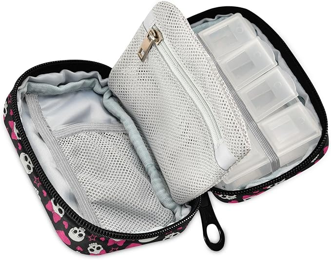 Travel Pill Organizer Bag Weekly Pill Organizer Case Pink Hearts and Skulls Portable Small Daily Pill Boxes for Vitamin Fish Oils Supplement Holder with Zipper Compact Size
