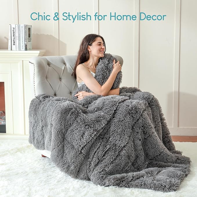 Cottonblue Adults Weighted Blanket 17lbs 60x80 inches for Queen Bed, Faux Fur Sherpa Weighted Blanket for Sofa Couch Bed, Plush Cozy Bed Blanket with Glass Beads for Calm and Relax, Grey