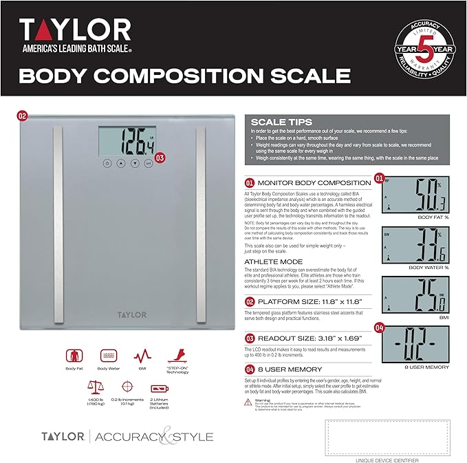 Taylor Digital Body Composition Scale, Bathroom Scale for Body Weight, Measures Body Fat, Body Water, and Muscle Mass Percentages, 8 User Recognition, 400 lb Capacity, Charcoal