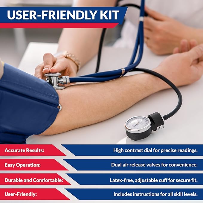 Dixie EMS Aneroid Sphygmomanometer and Dual Head Stethoscope Set with Adult Size Blood Pressure Cuff, Calibration Key and Carrying Case – Navy Blue