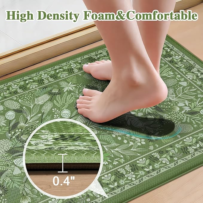 Kitchen Rug Green Botanical Floral Anti-Fatigue Kitchen Mat, Waterproof Non Slip Comfort Standing Mat Rug for Home, Sink, Laundry 17.3"x59"