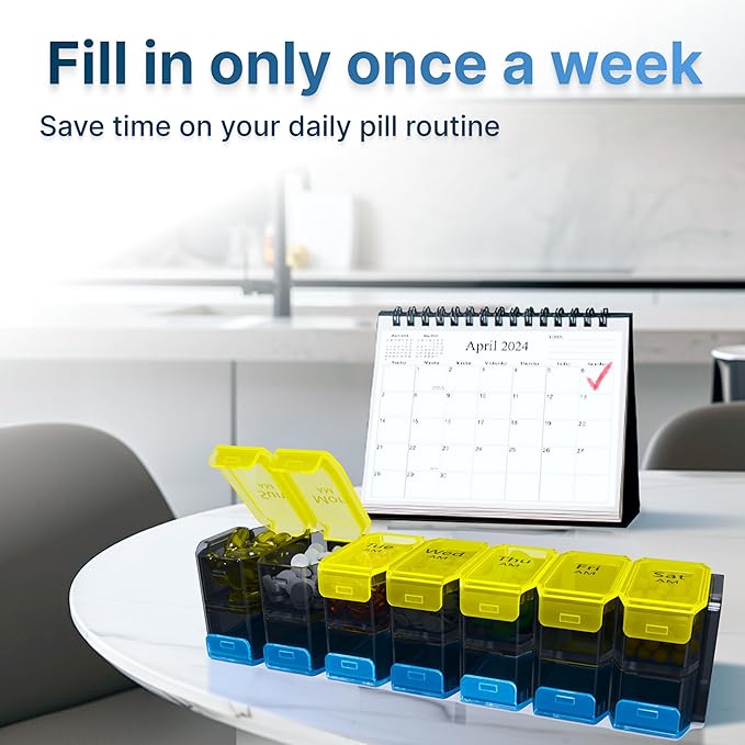 Extra Large Pill Organizer 2 Times a Day – XL Pill Box 7 Day with Big AM/PM Compartments – Fits Large Vitamins, Supplements & Gummies, for 7 or 14-Day Use, Color-Coded, Senior-Friendly, No Spills
