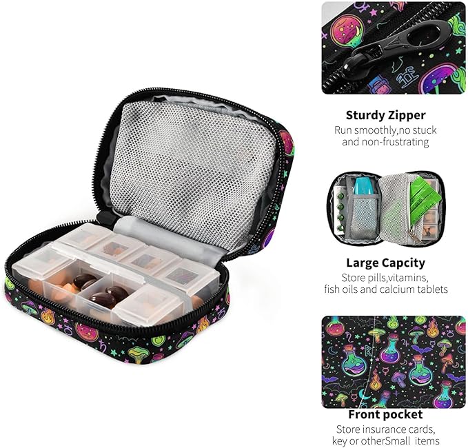 Travel Pill Organizer Bag Weekly Pill Organizer Case Psychedelic Mushroom Bat Purple Portable Small Daily Pill Boxes for Vitamin Fish Oils Supplement Holder with Zipper Compact Size