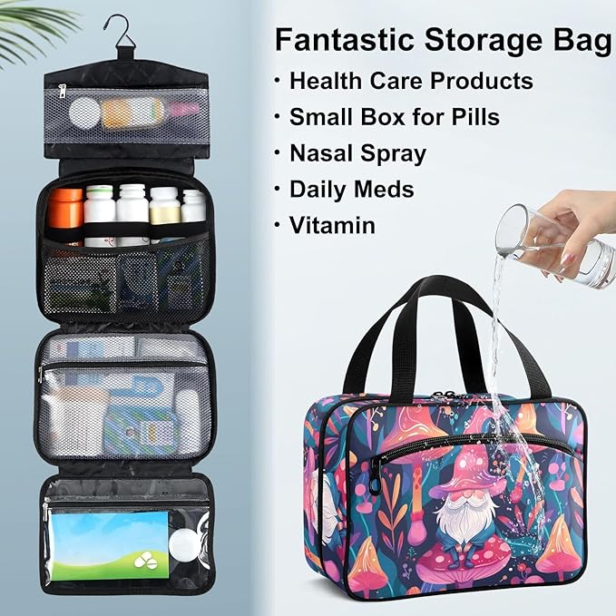 Fustylead Vibrant Magical Gnome and Pink Mushroom Travel Pill Bottle Organizer Large Home Storage Medication Bag with Zipper for Vitamins, First Aid, Fish Oil, Medical Supplies