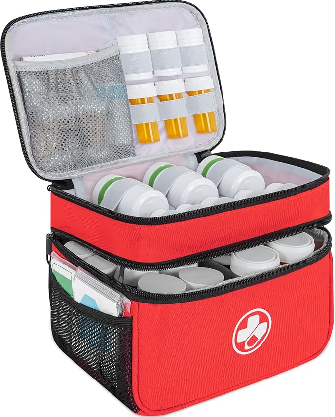 Dual Layers Medicine Organizer Bag, Pill Bottle Organizer Storage with Lockable Zipper, Lockable Medicine Travel Case for Pills, Vitamins, Medical Supplies, Red（Lock not Included）
