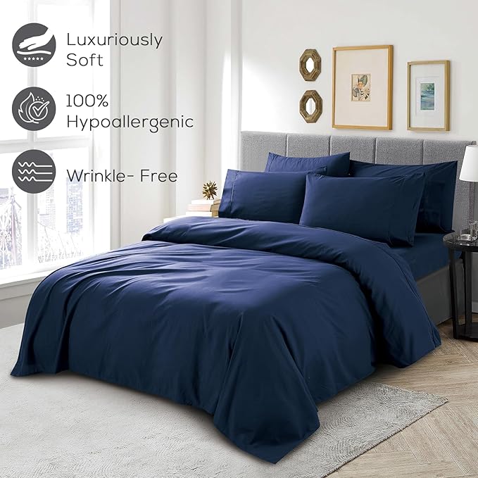 Mueller Luxury 6 Piece Queen Sheet Set - Ultra-Soft 1800 Series, Cooling & Breathable Hotel Quality Bed Sheets, Deep Pocket up to 16" - Hypoallergenic, Wrinkle-Resistant, Oeko-TEX, Navy
