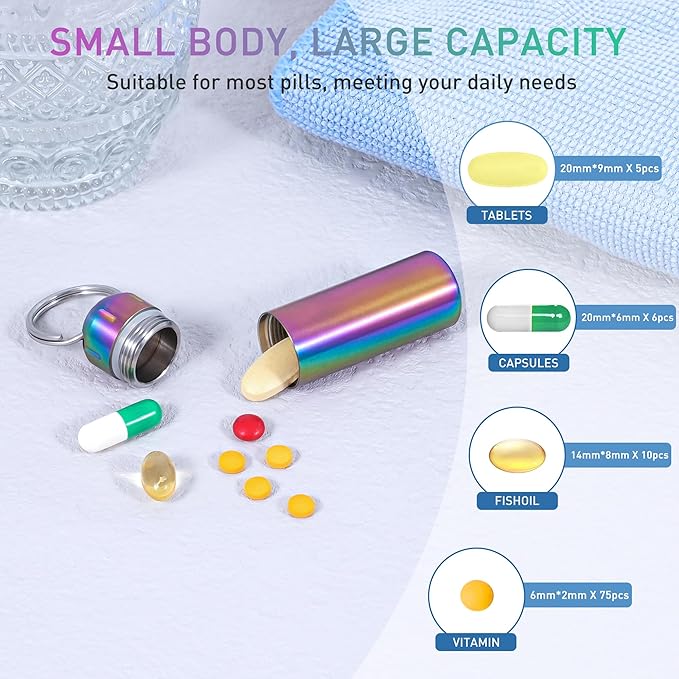 VTAR Pill Organizer,2 Pack,Waterproof Single Chamber Stainless Steel Travel Small Pill Box, Keychain Pill Holder Container for Purse or Pocket