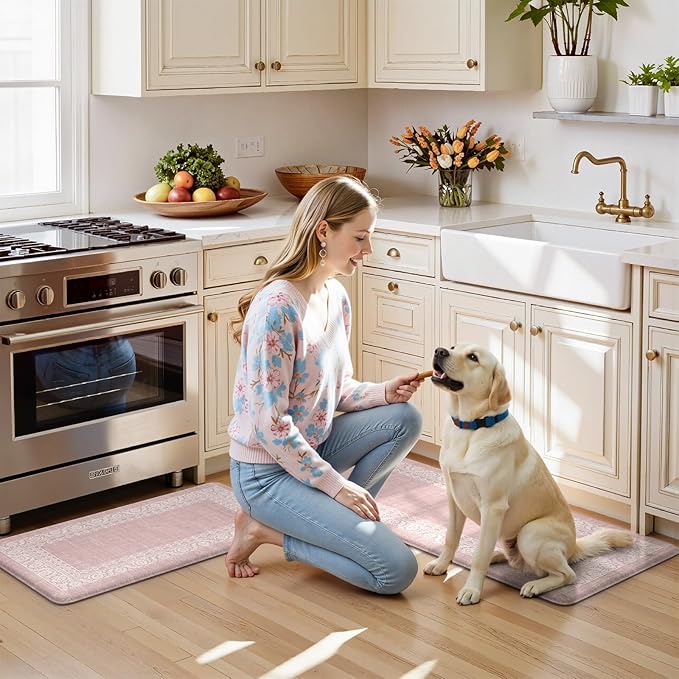LEEVAN Pink Kitchen Mat Sets of 2,Anti Fatigue Cushioned Memory Foam Kitchen Mats for Floor,Farmhouse Ergonomic Waterproof Cute Boho Kitchen Floor Mat,Sink,Laundry,Home,Office(17''x29''+17''x47'')
