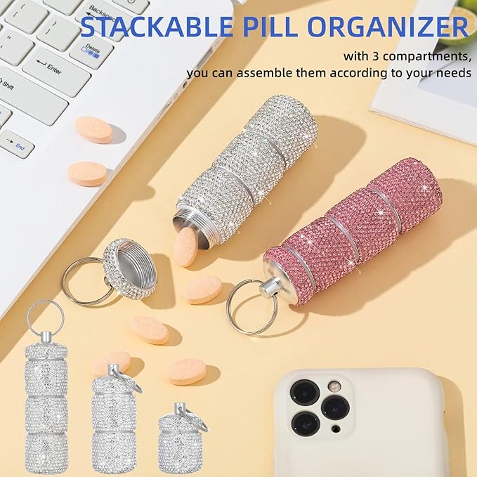 Keychain Pill Holder Box Travel Small Pill Case Bling Portable Purse Medicine Case Container Metal Pill Organizer Fob for Vitamin Medicine（Red
