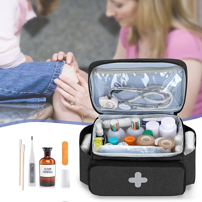 CURMIO Small Medicine Storage Bag Empty, Family First Aid Box, Pill Bottle Organizer for Emergency Medical Supplies, Black (Bag Only, Patent Pending)
