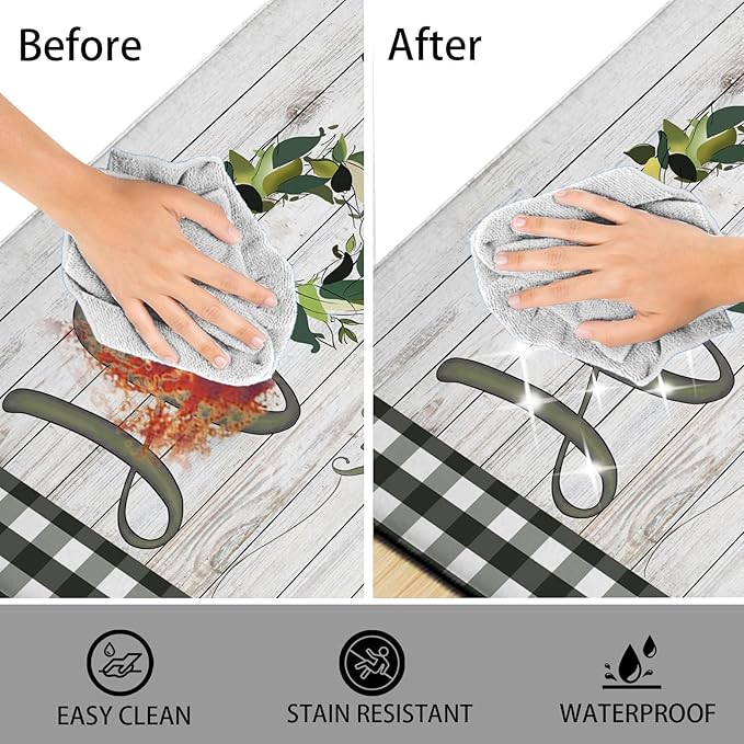 Qahing Farmhouse Kitchen Rugs Mats Sets of 2 Cushioned Anti Fatigue Kitchen Mats for Floor Spring Non Slip Memory Foam Kitchen Floor Mats Waterproof Comfort Standing Mats for Sink, 17.3"x28"+17.3"x47"