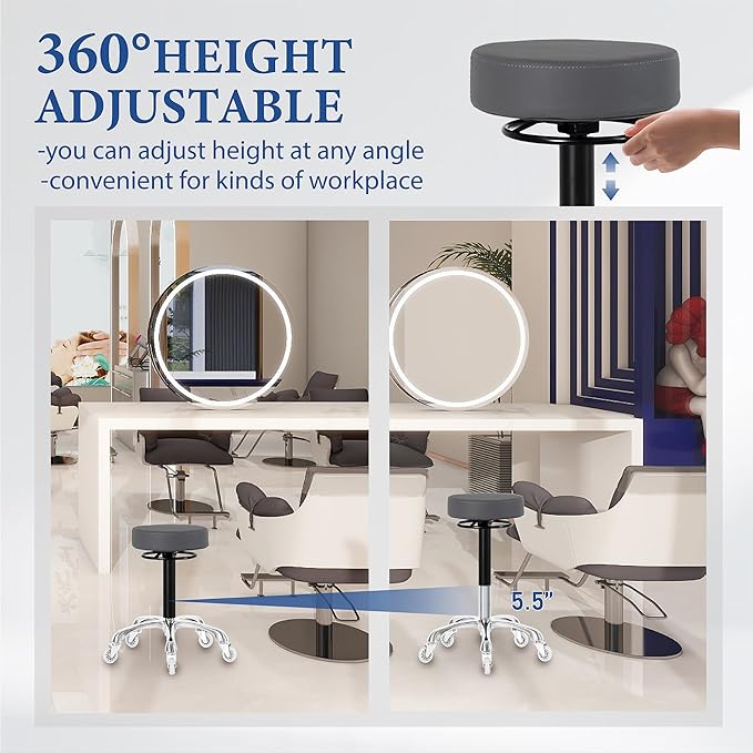Swivel Rolling Stool Round Chair,Thick Sturdy Padding,Adjustable Stool with Wheels for Doctor,Medical,Massage Salon,Office,Shop(Gray)