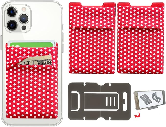 RFID Blocking Phone Card Wallet Stretchy Lycra Wallet Pocket Credit Card ID Case Pouch Sleeve Adhesive Sticker Compatible with iPhone Samsung Galaxy Android Smartphones (Polka Dot Red)-2PC