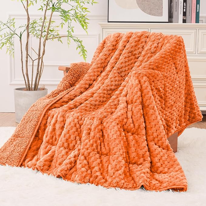 Super Fuzzy Soft Fleece Sherpa Weighted Blanket 15 lbs for Adults, 3D Imitation Turtle Shell Luxury Weighted Throw for Better Sleep, Dual Sided Cozy Heavy Blankets for Couch Bed, Orange, 60" x 80"