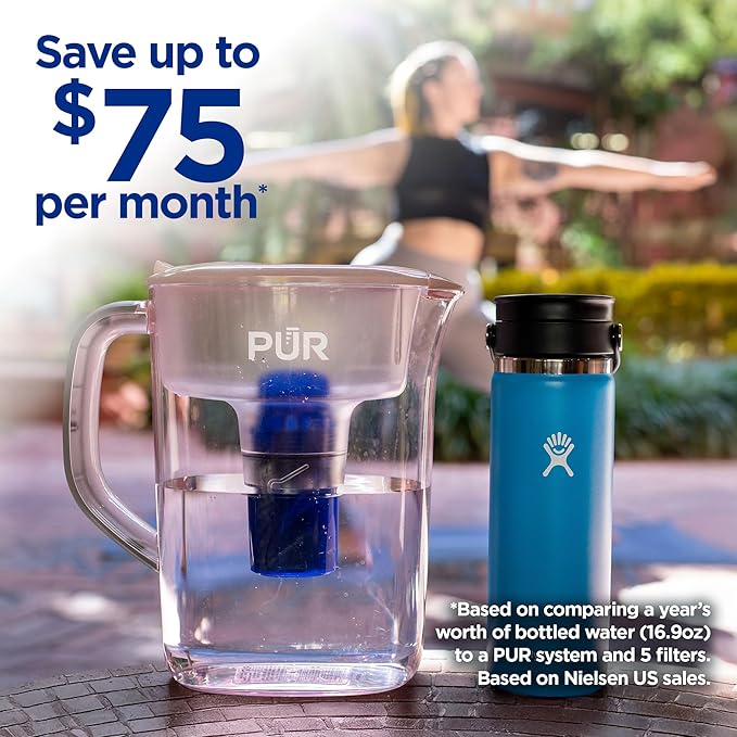 PUR 7-Cup Water Pitcher, 1 Genuine Filter, Cleaner, Great-tasting Water, Dishwasher Safe, Powerful, Faster Filtration, LockFit Cap Design - Blush