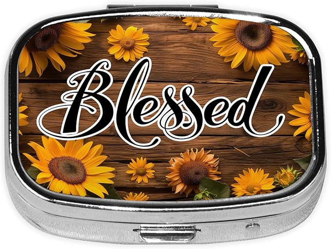 Pill Box-2 Compartment Small Pill Case Square Organizer Case with Mirror Portable Metal Medicine Box Travel Container for Pocket & Purse Women Men（Blessed Sunflower）