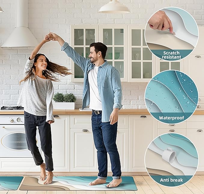 Kitchen Mats for Floor Anti Fatigue Floor Blue Cushioned Memory Foam Non Slip PVC Leather Padded Comfort Standing Rugs Set of 2, 17.3x28+17.3x47 Inch, 0.4 Inch Thick
