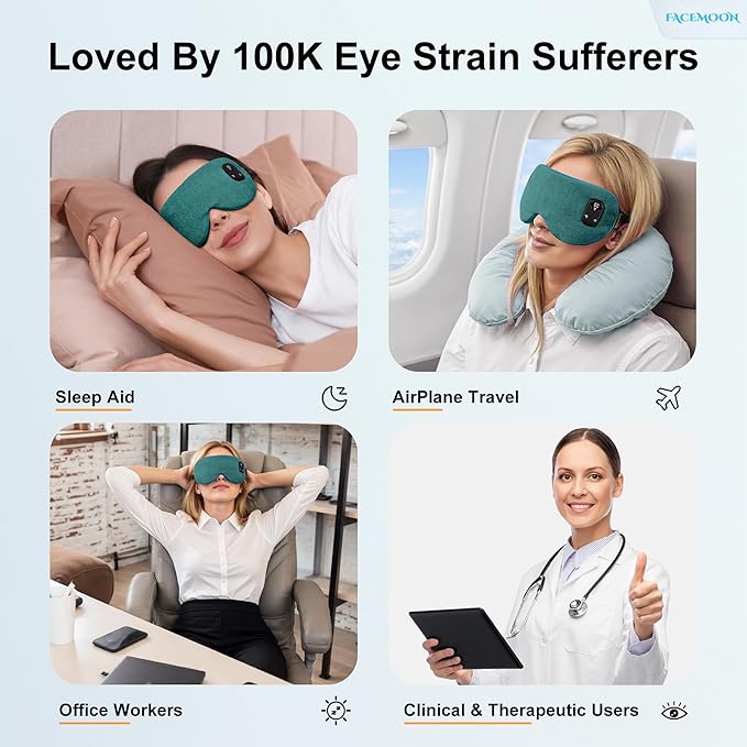 FACEMOON Heated Eye Mask for Dry Eyes: Electric Warm Compress for Blepharitis Stye Tired Eyes - Cordless Heat Relief Heating - Stable Temp 1500 Mah Rechargeable Washable Green