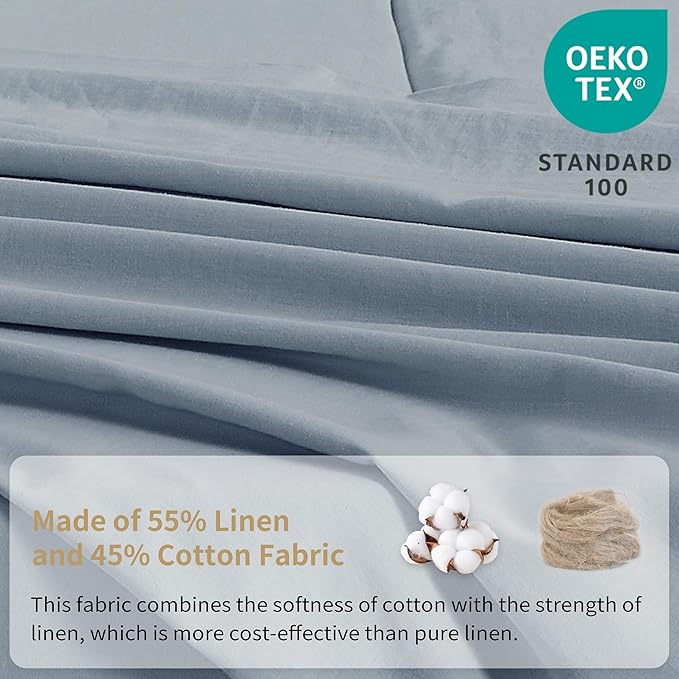 Simple&Opulence Belgian Linen Sheet Set Solid Color - 5 Pieces (1 Flat Sheet, 2 Fitted Sheets & 2 Pillowcases) Natural Flax Cotton Blend Soft Breathable Farmhouse Bedding - Split King Size, Dusty Blue